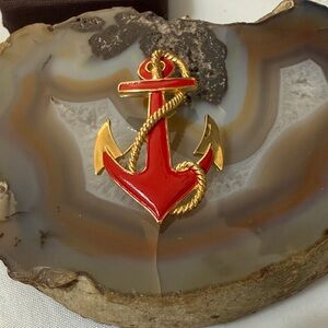 Vintage Crown Trifari Red & Gold Anchor Brooch GUC 2"